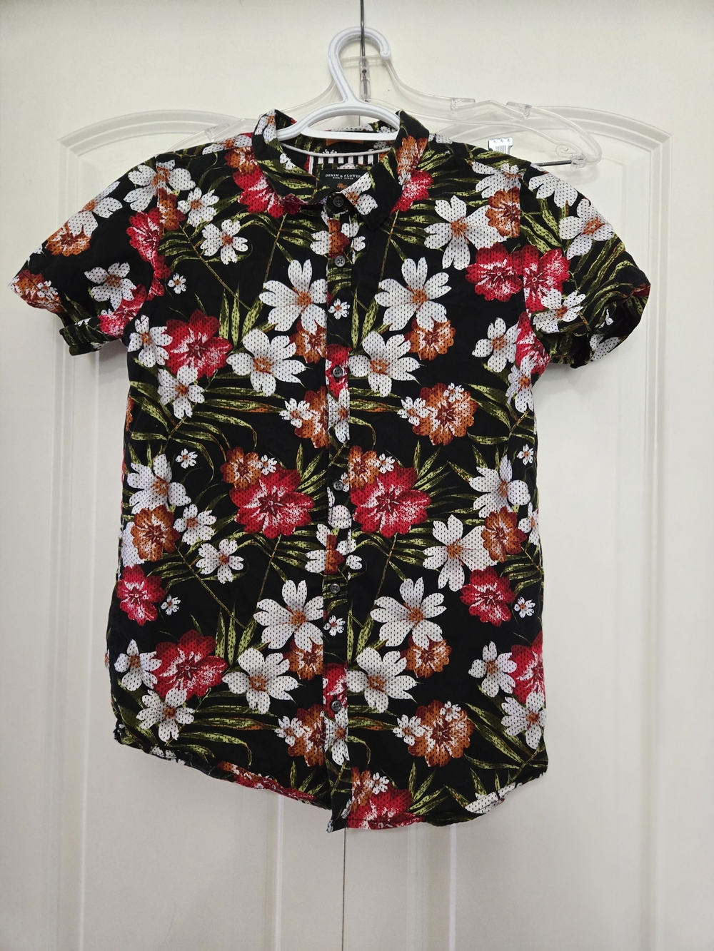 Denim & Flower Kids Black Floral Button-Down Shirt with Red & White Blooms